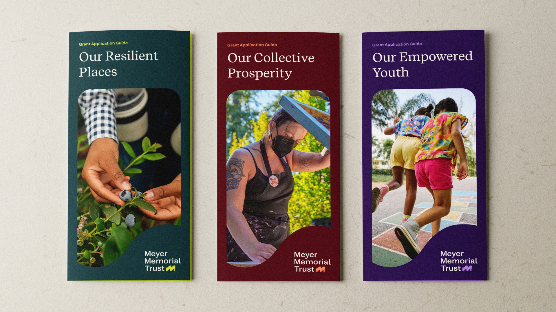 Three colorful Meyer Memorial Trust grant guides.