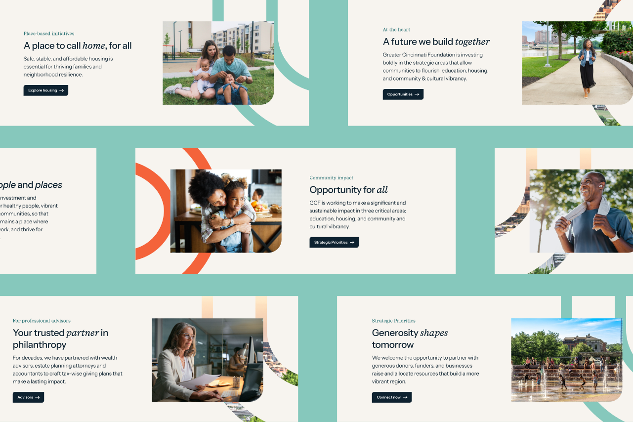 Grid of themed homepage content blocks for Greater Cincinnati Foundation featuring headlines like “A place to call home, for all,” “A future we build together,” and “Opportunity for all,” paired with lifestyle and community photography and call-to-action buttons.
