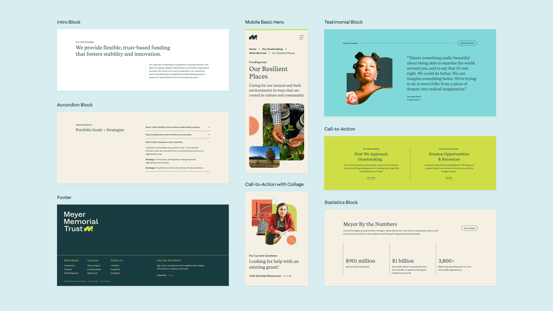 Overview of modular website components for Meyer Memorial Trust, showing examples of an intro block, accordion, mobile basic hero, call-to-action variations, testimonial, statistics, and the site footer.