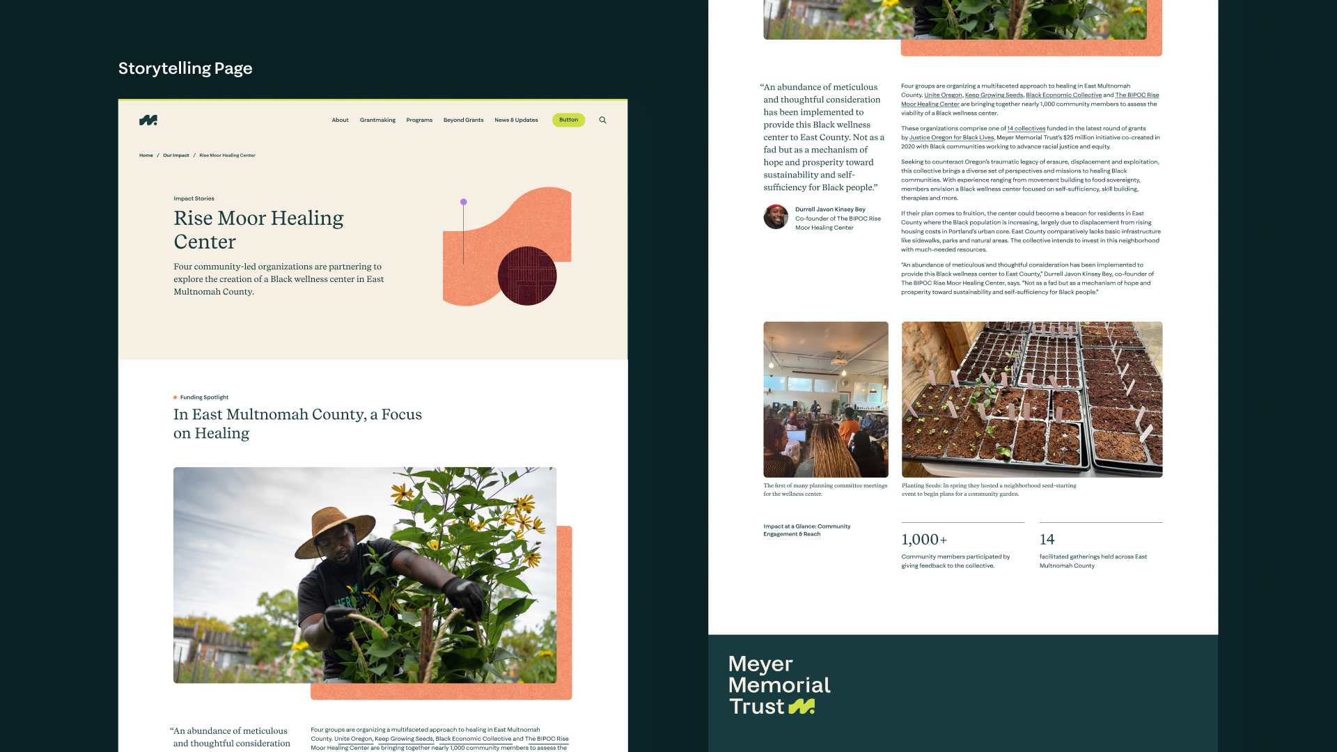 Storytelling webpage for Meyer Memorial Trust titled "Rise Moor Healing Center," featuring a story about four community-led organizations parterning to explore the creation of a Black wellness center, with supporting imagery, statistics, and testimonials.