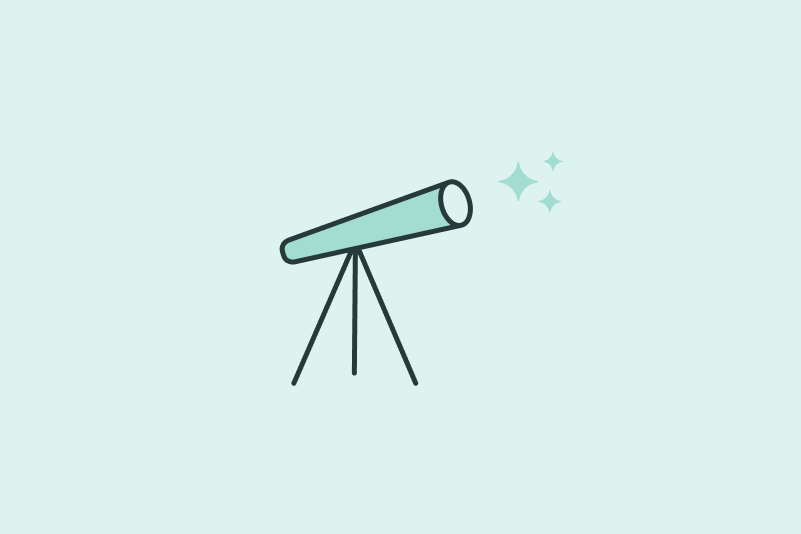 Icon of a telescope viewing stars, centered on a light mint background