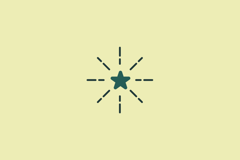 A simple icon of a dark teal five-pointed star with eight dashed rays radiating outward, centered on a pale yellow background, suggesting brilliance, inspiration, or a guiding light.