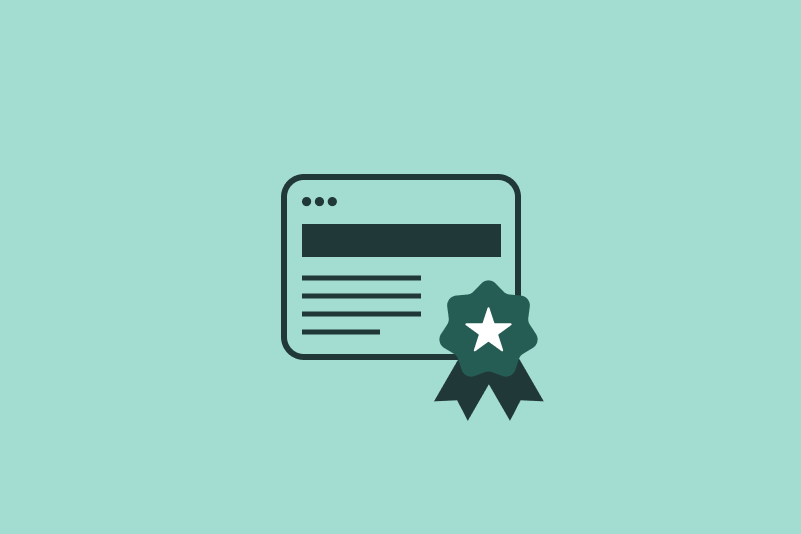 Illustration of a webpage with text lines and a certification badge featuring a star, on a light teal background.